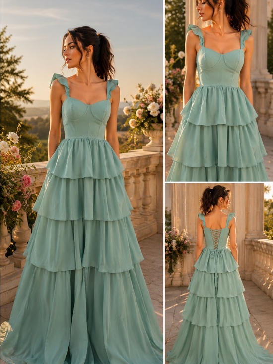 Faeriesty Dresses & Skirts - Seafoam Tiered Ruffle Maxi Dress with Corset Back